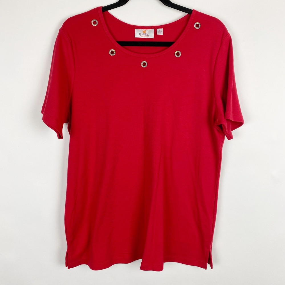 Quacker Factory‎ Rhinestone Grommet Short Sleeve Top Women Large Red QVC